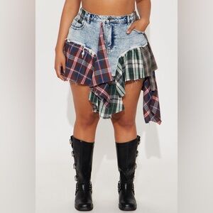 Fashion Nova Plaid Patchwork Asymmetrical Denim Mini Skirt - Blue/Green/Red